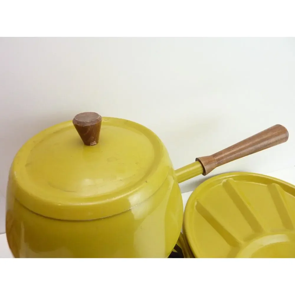 Vintage MCM Japan Yellow Aluminum Fondue Pot Set Wood Handles Plates